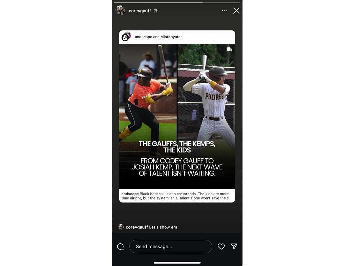 Corey Gauff's instagram story